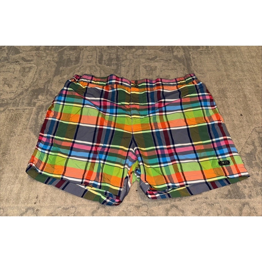 NEW HUGO BOSS sz 36 multi color plaid swim trunks‎ board shorts 5" Inseam